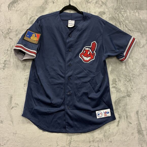 Vintage Majestic Cleveland Indians Jersey Mens L Blue Chief Wahoo Stitched Logo - Picture 1 of 9